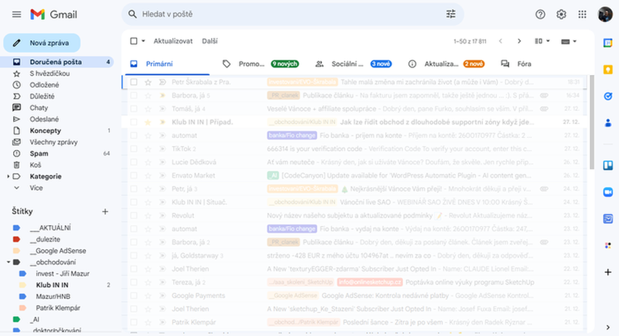 Ukázka otevřeného nového Gmailu