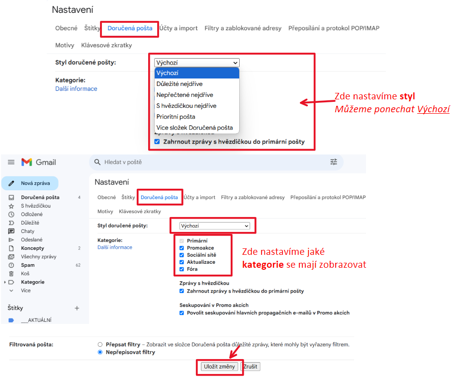 Přidání a odebrání KATEGORIÍ v Gmailu