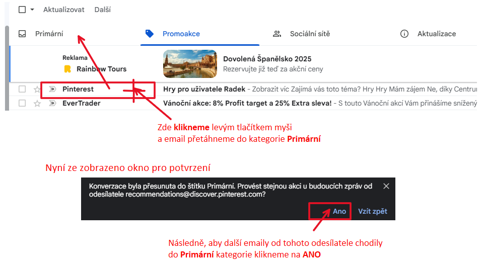 Přizpůsobení doručených emailů do správné KATEGORIE v Gmailu