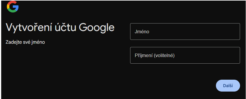 Vytvoření nového Gmailu - zadáme jméno a přijmení