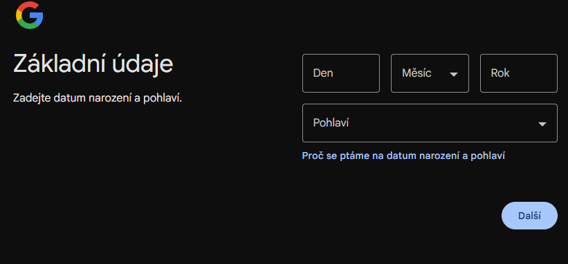 Vytvoření nového Gmailu - zadáme datum narozeni