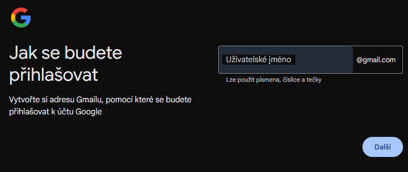Vytvoření nového Gmailu - zadáme náš nový email před zavináčem