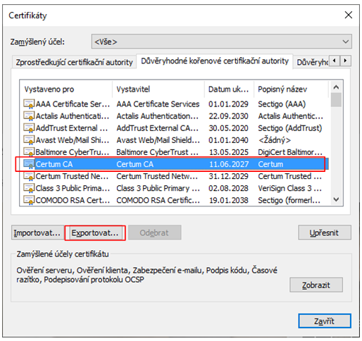 Export certifikátu z PC v Internet Explorer