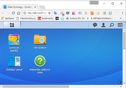 Po přihlášení na NAS server se zobrazí okno, kde vidíme jednotlivé ikony