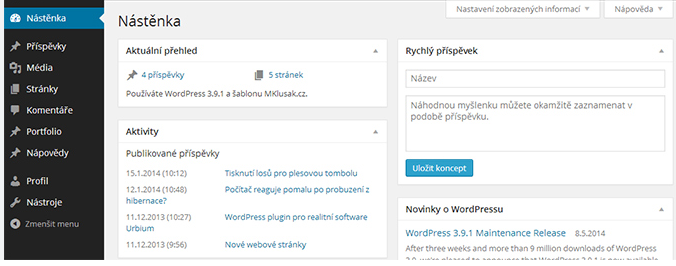Web máme založen, nainstalován. Ukázka administrace ve WordPressu.