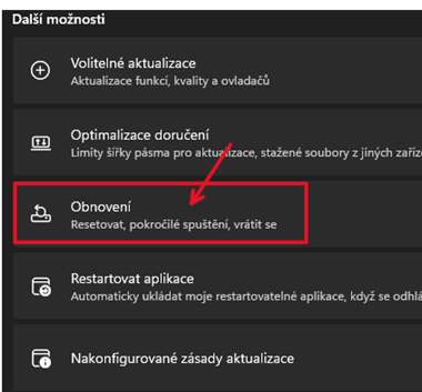 Obnovení => ve Windows 11 do továtního nastavení